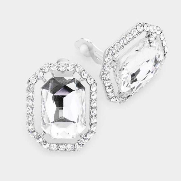Clear Octagon Crystal Center Evening Silver Clip on Earrings NWT - Picture 3 of 5
